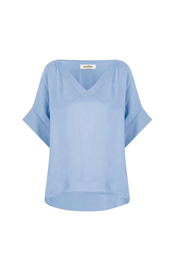 Bianca Short Sleeve Top Blue Grey with V Neck Tops