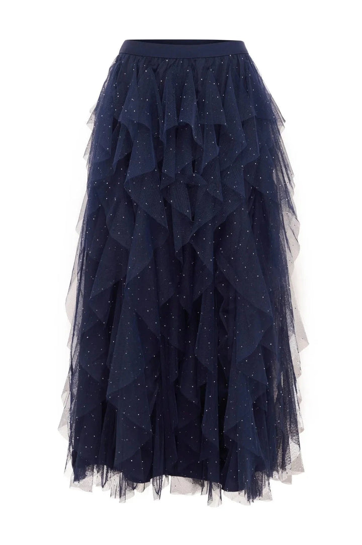 Isabella Asymmetrical Ruffle Tulle Maxi Skirt Navy Skirt