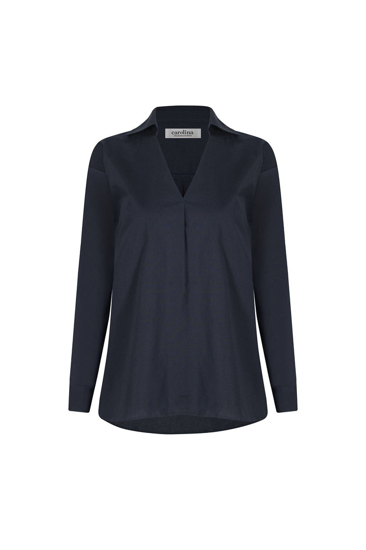 Lynette Collared Long Sleeve Shirt Navy Tops