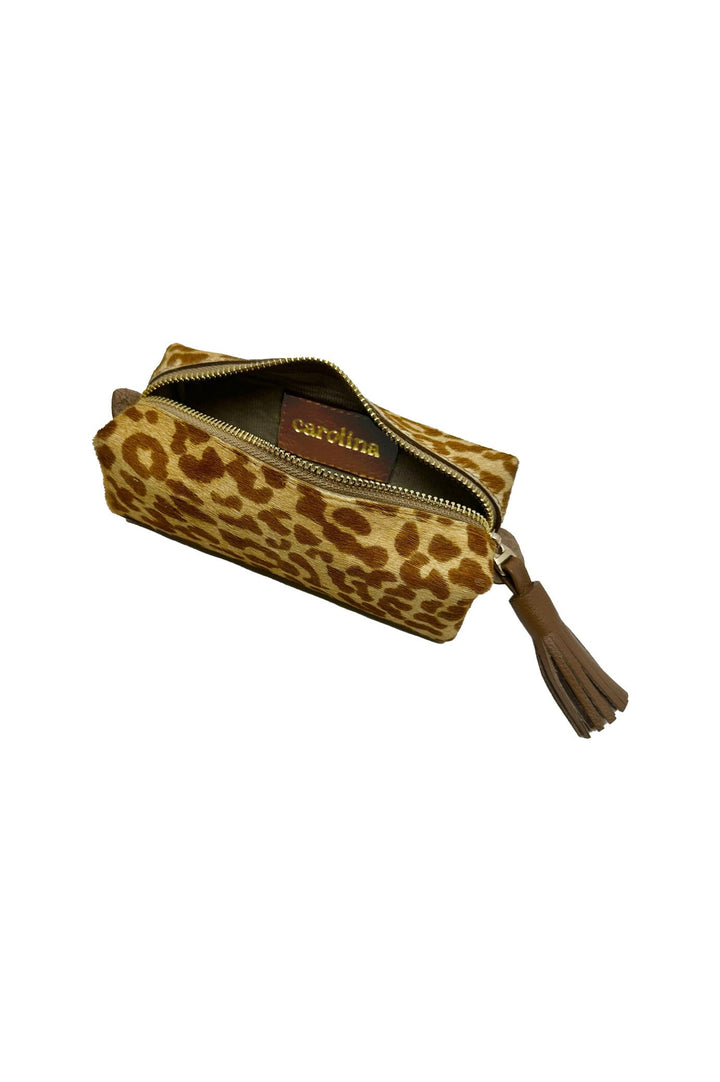 Make up Bag Tan Leopard Cowhide Leather