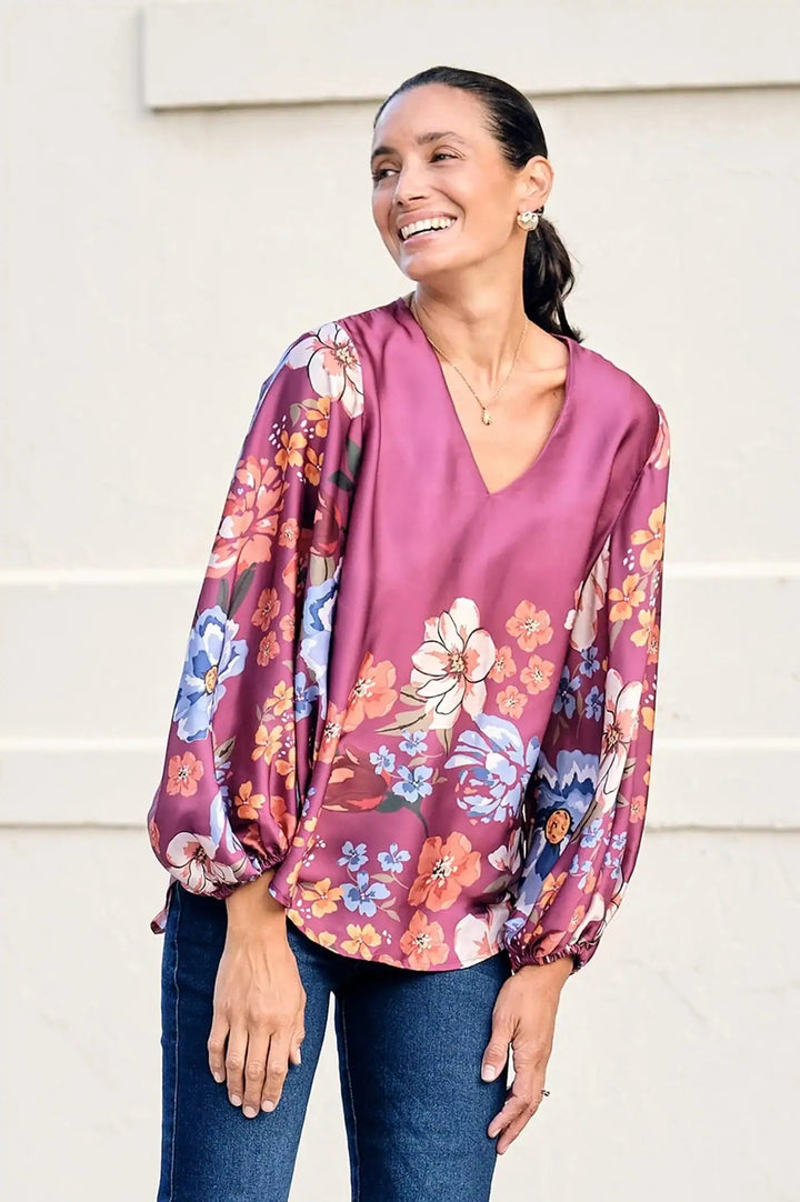 Milena V-Neck Long Sleeve Top Burgundy Tops
