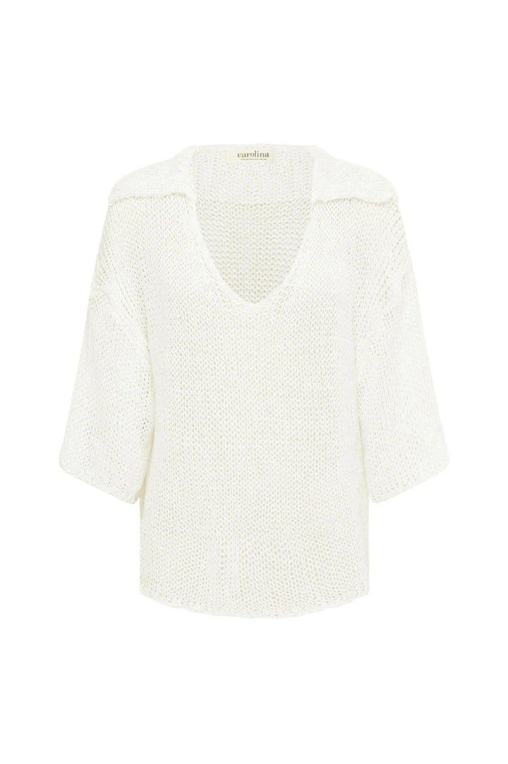 Sicily Knitted V-Neck Short Sleeve Top with Collar White Tops