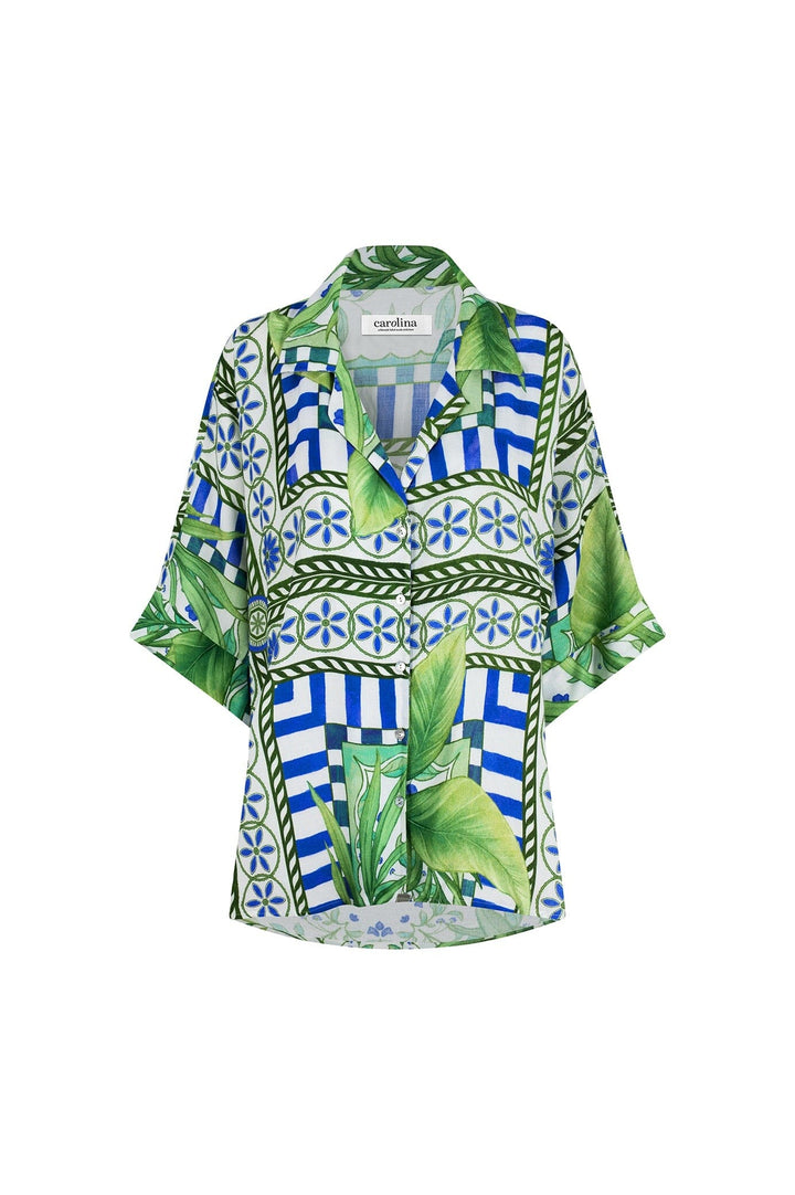 Tonya Short Sleeve Collared Shirt in Emerald Tops