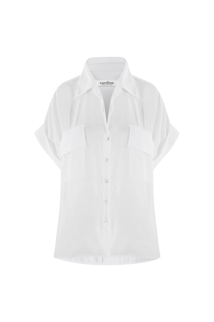 Vittoria Short Sleeve Collared V-Neck Shirt Ivory Tops