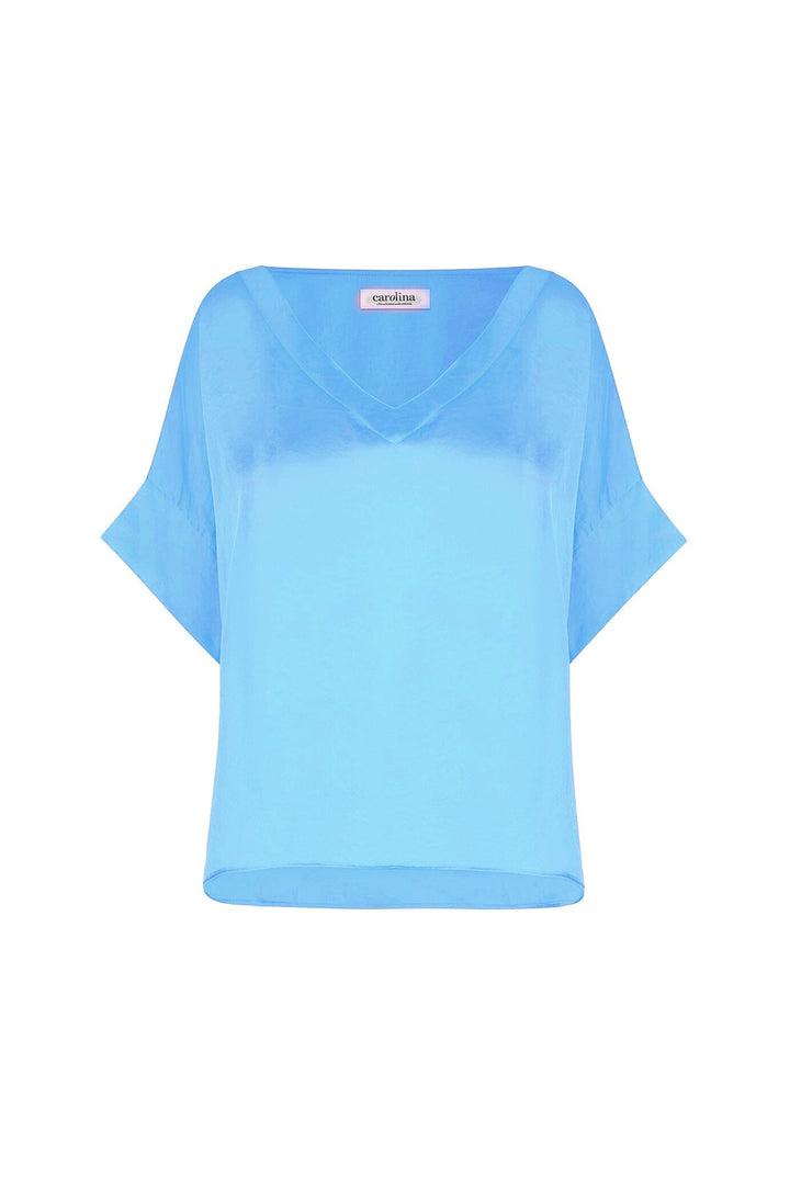 Bianca Short Sleeve Top Ocean Blue with V Neck Tops