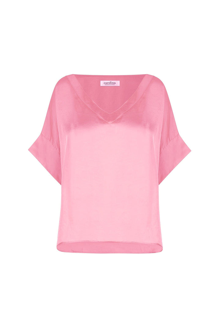 Bianca Short Sleeve Top Pink with V Neck Tops