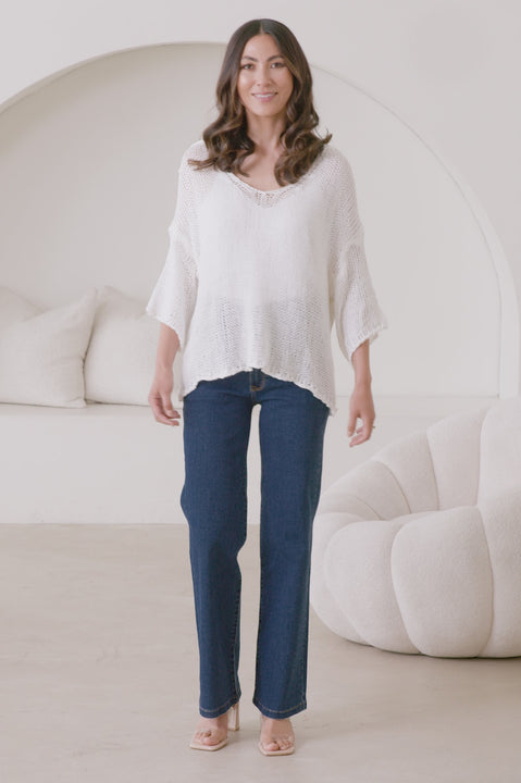 Sicily Knitted V-Neck Short Sleeve Top with Collar White product video by Carolina