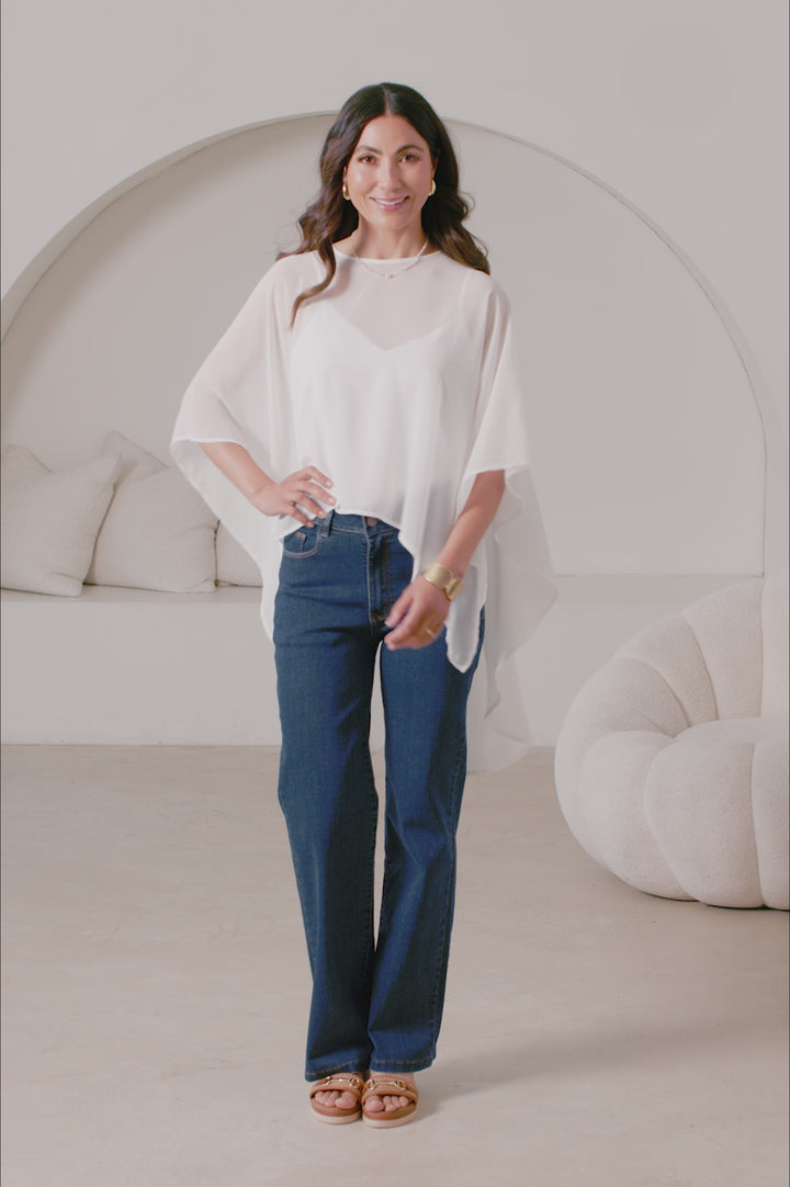 Concetta Elegant Chiffon Poncho Ivory product video by Carolina