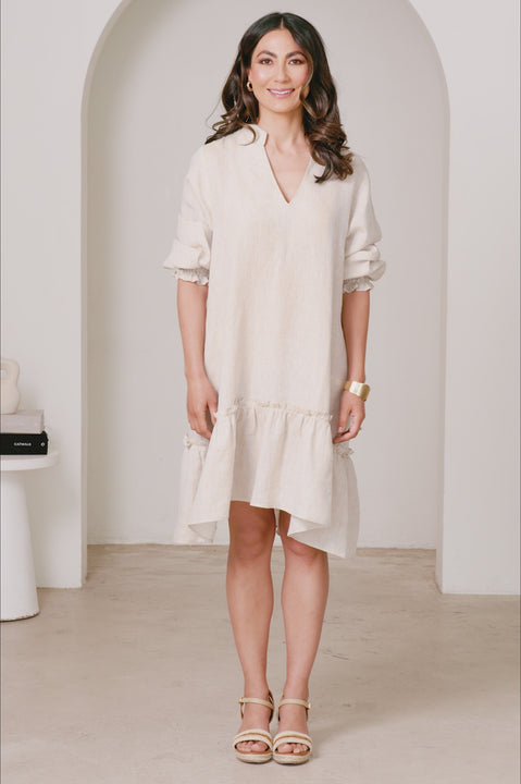 Lauren Mid Sleeve Tiered Midi Dress Oatmeal product video by Carolina