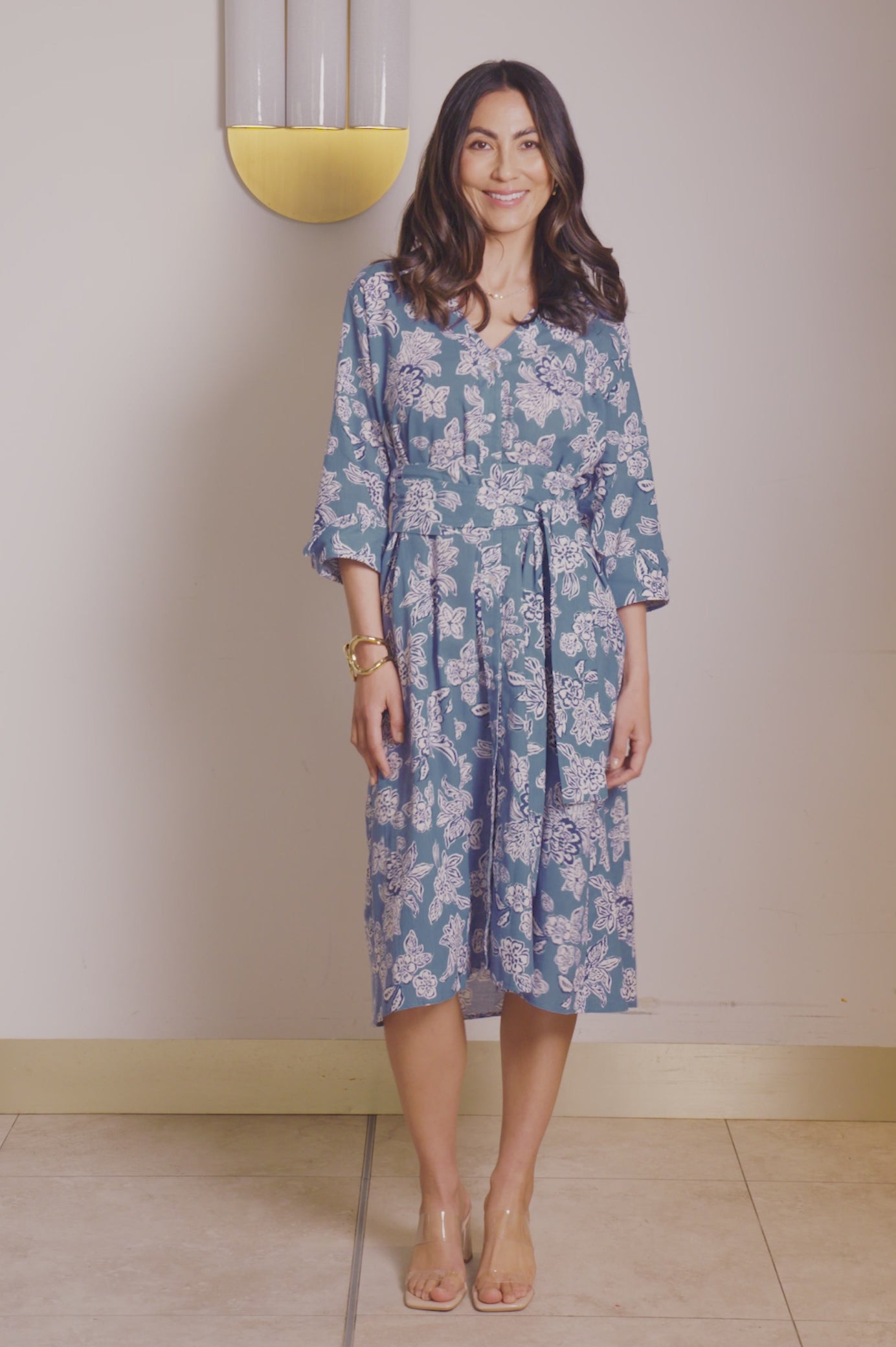 Sylvie Mid Sleeve Midi Dress Blue Floral FINAL product video at Carolina