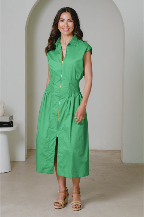 Laura Sleeveless Smocked Waist Zip Front Midi Dress Emerald product video by Carolina