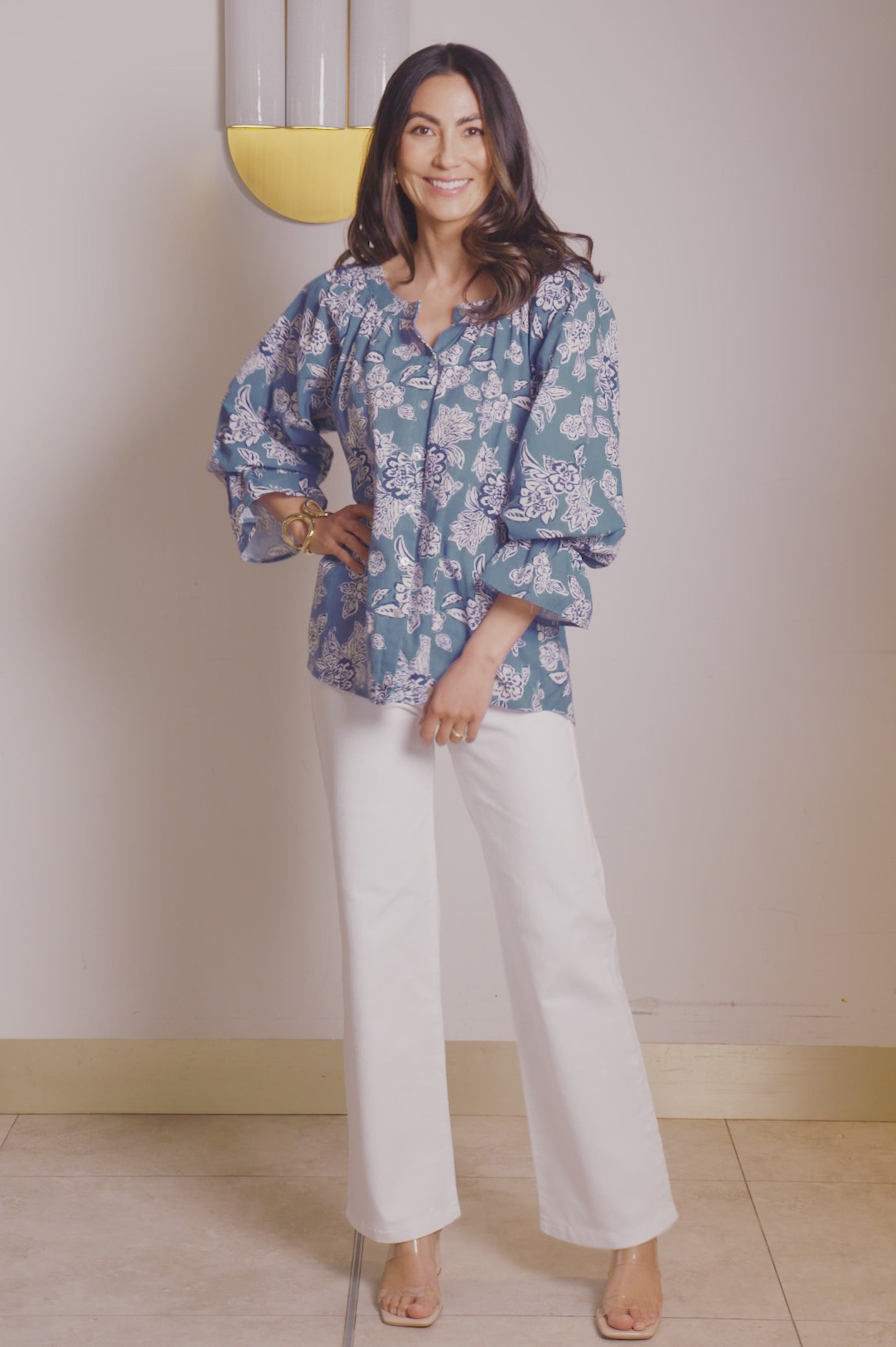 Sylvie Mid Sleeve Top Blue Floral FINAL product video at Carolina