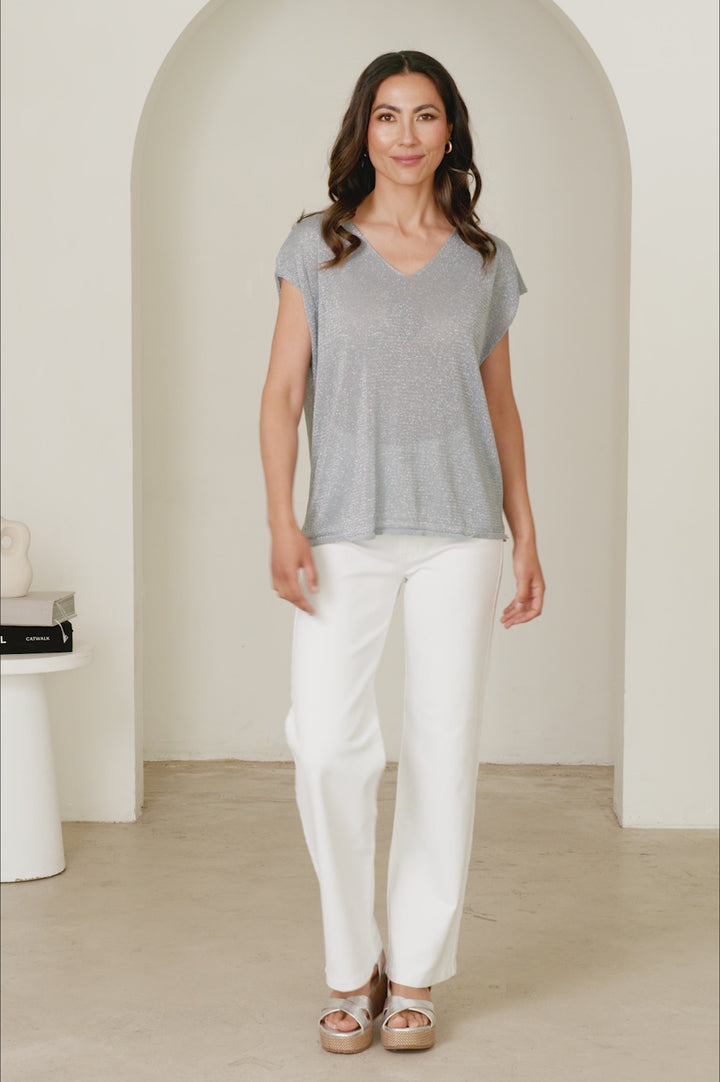 Sally Knitted Capped Sleeve Top Slate Blue product video at Carolina