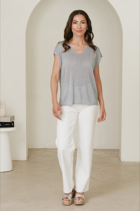 Sally Knitted Capped Sleeve Top Slate Blue product video at Carolina