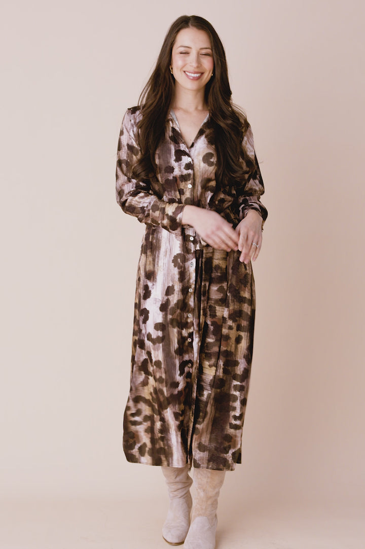 Dasha Long Sleeve Animal Print Midi Dress product video from Carolina
