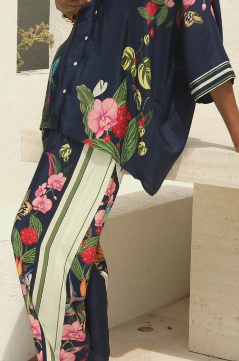 Navy Blue Floral Print Silk Set