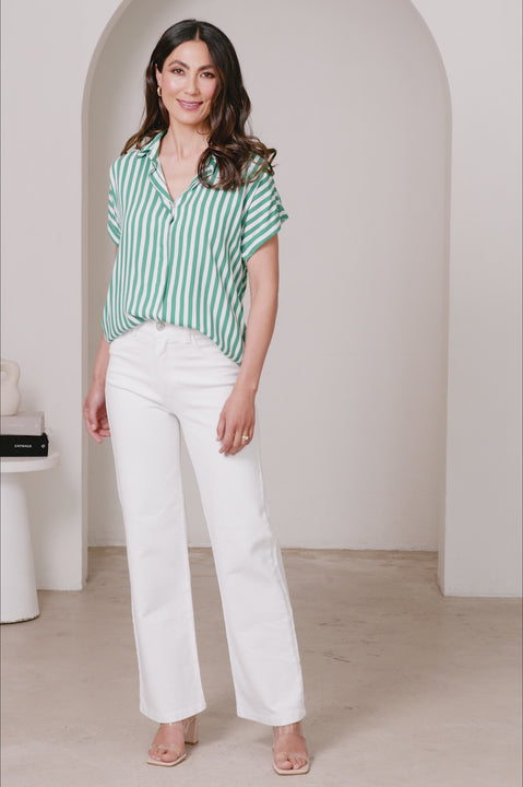 Francesca Short Sleeve Striped Collared Top Emerald & White product video by Carolina