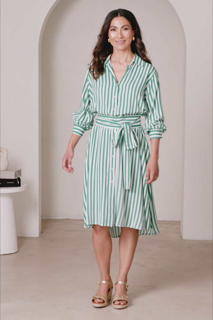 Francesca Long Sleeve Striped Midi Dress Emerald product video by Carolina