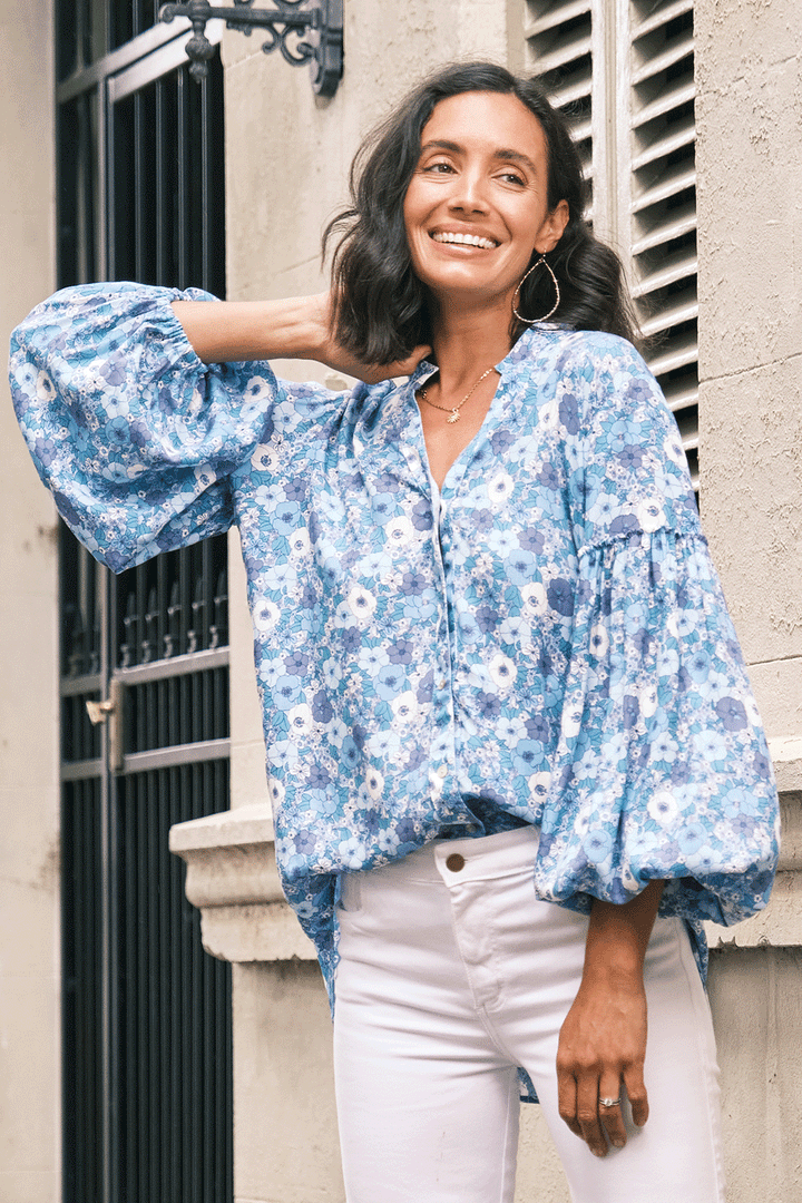 Dana Floral Long Sleeve Top Blue Tops