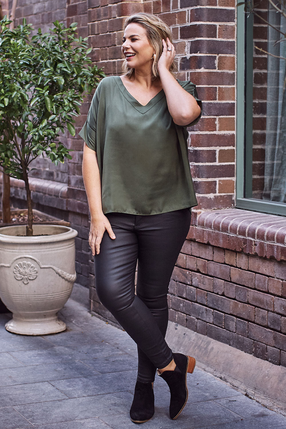Bianca Short Sleeve Top Olive with V Neck Tops