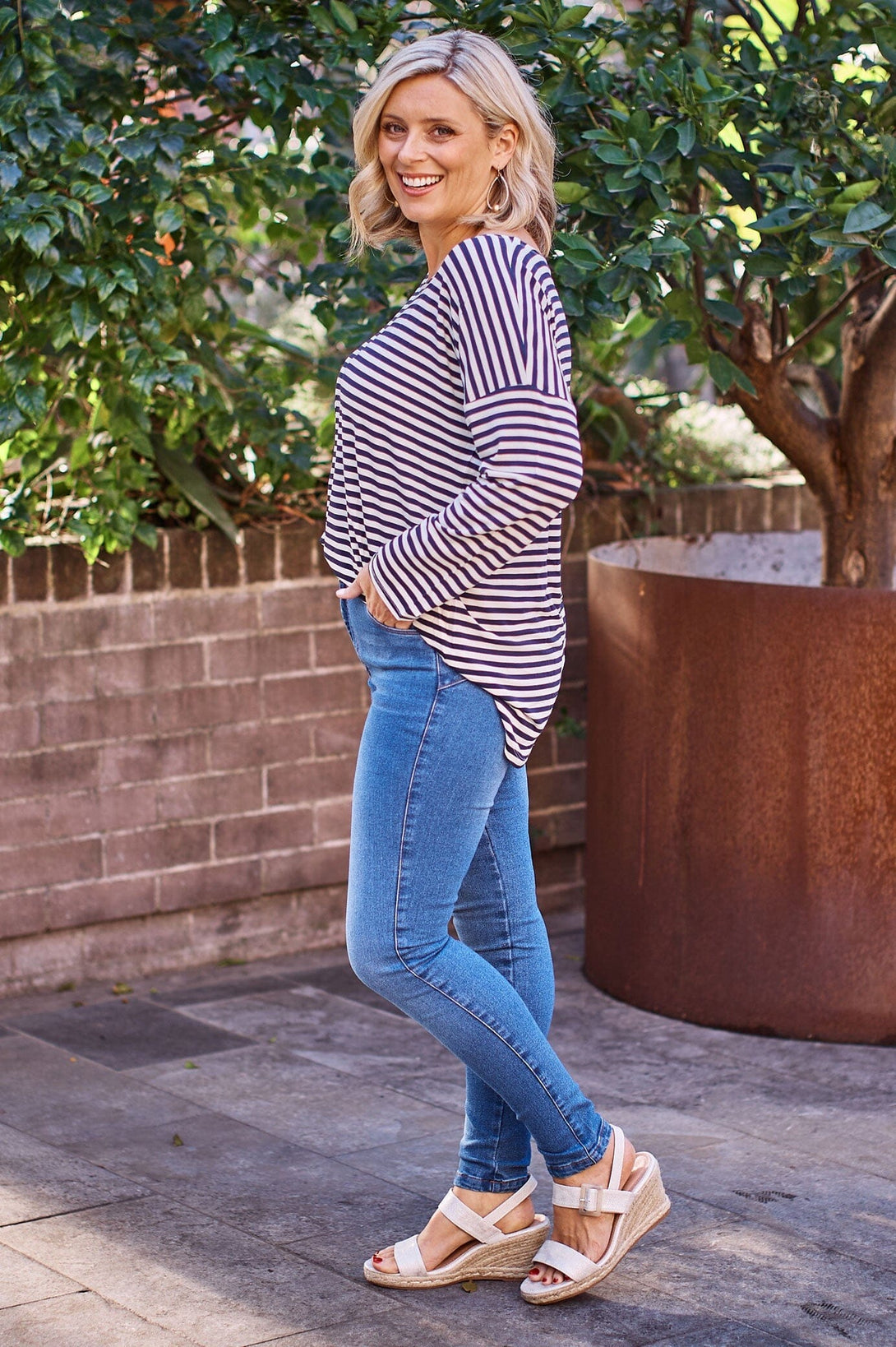 Erica Essential Long Sleeve Top Striped Navy Tops