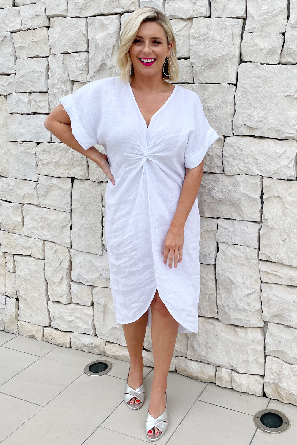 Saria Cuffed Short Sleeve Linen Dress White Dress