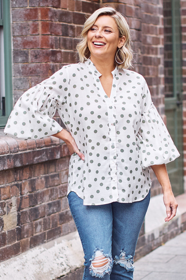Valletta Long Sleeve Top Spotted Olive Tops