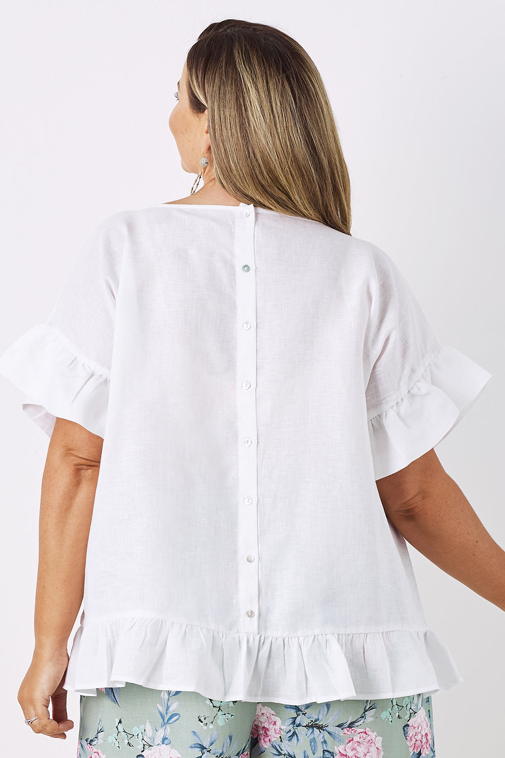 Roselyn Ruffle Linen Top in White Tops