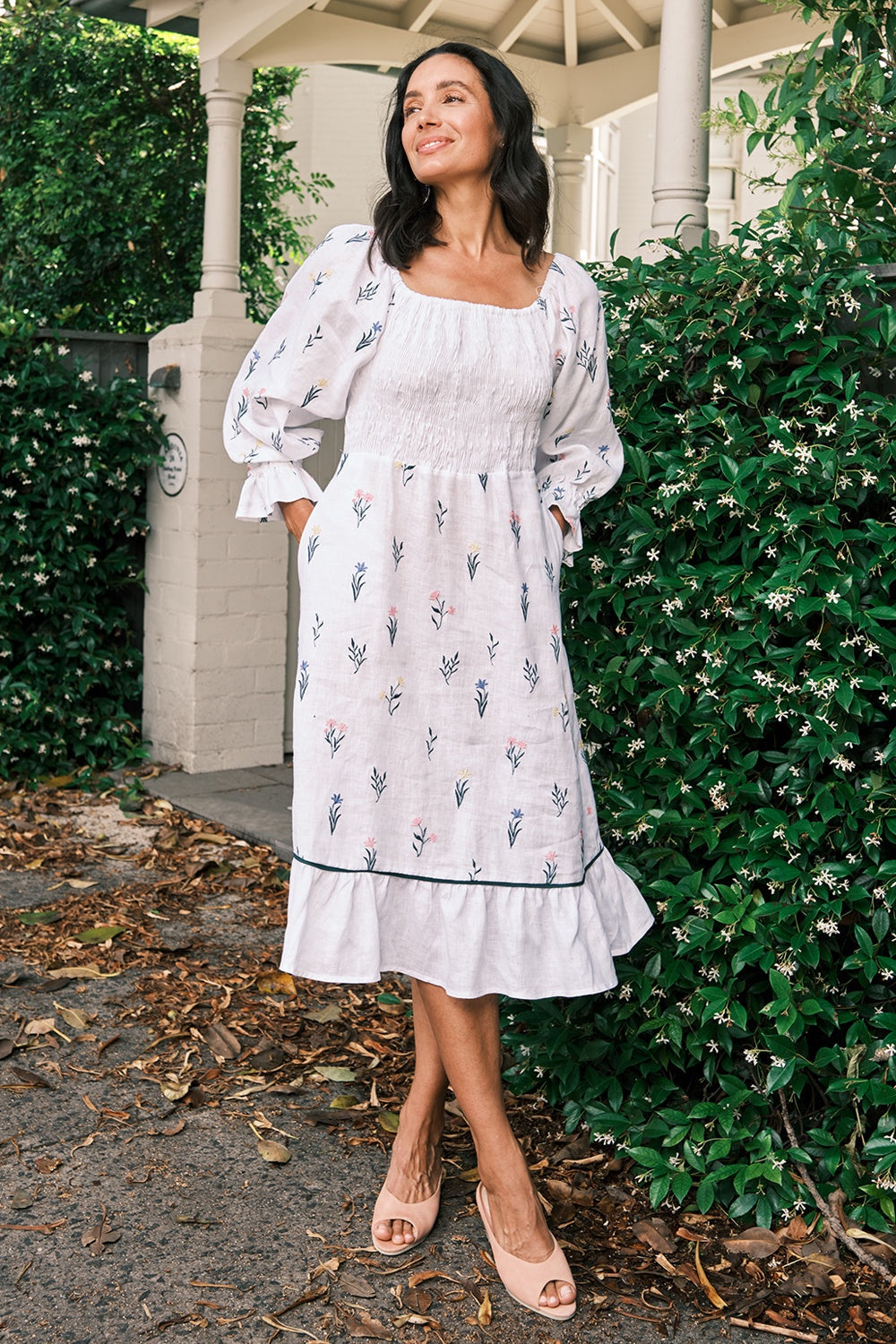 Grace Pure Linen Embroidered Ruched Dress Dress