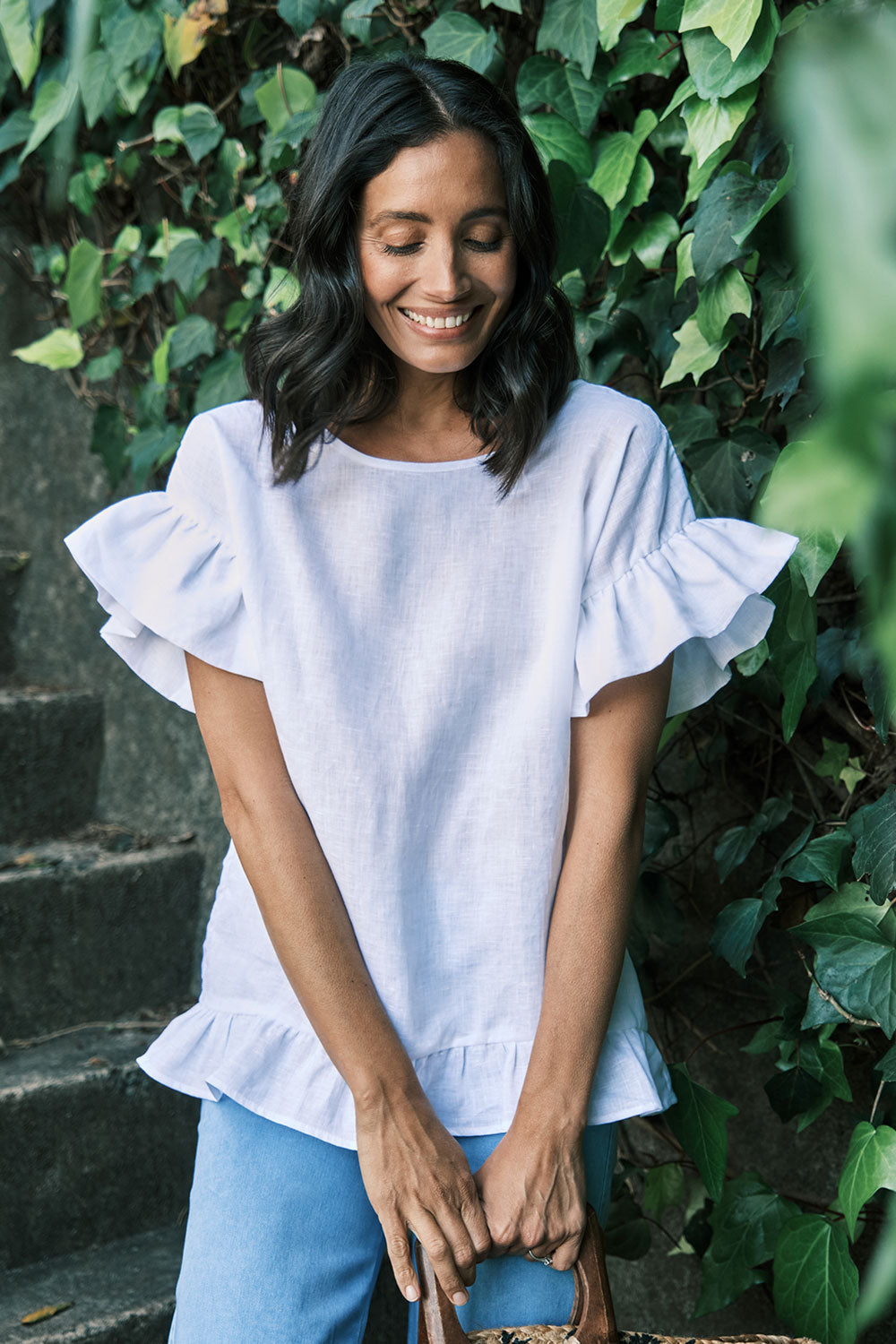 Roselyn Ruffle Linen Top in White Tops