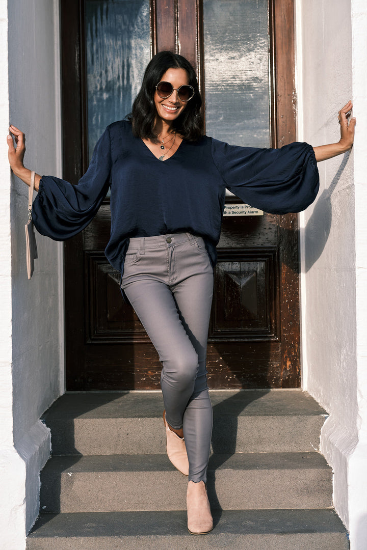 Sovana V-Neck Long Sleeve Top Navy Tops