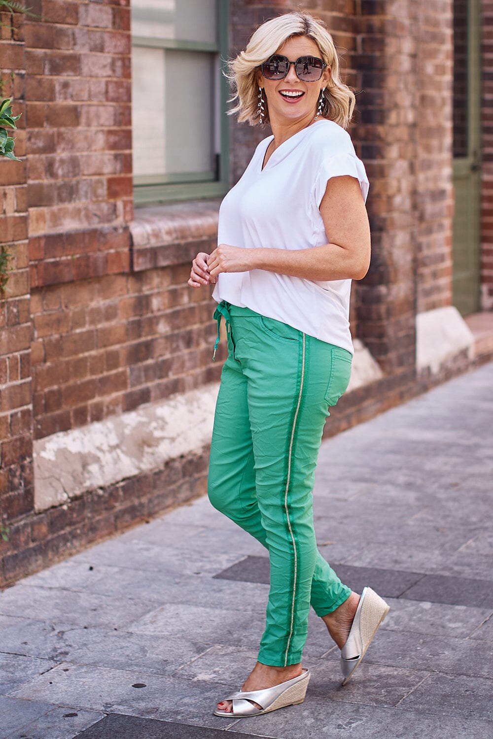 Rhinestone Side Stripe Crinkle Jogger Lime Green Pants