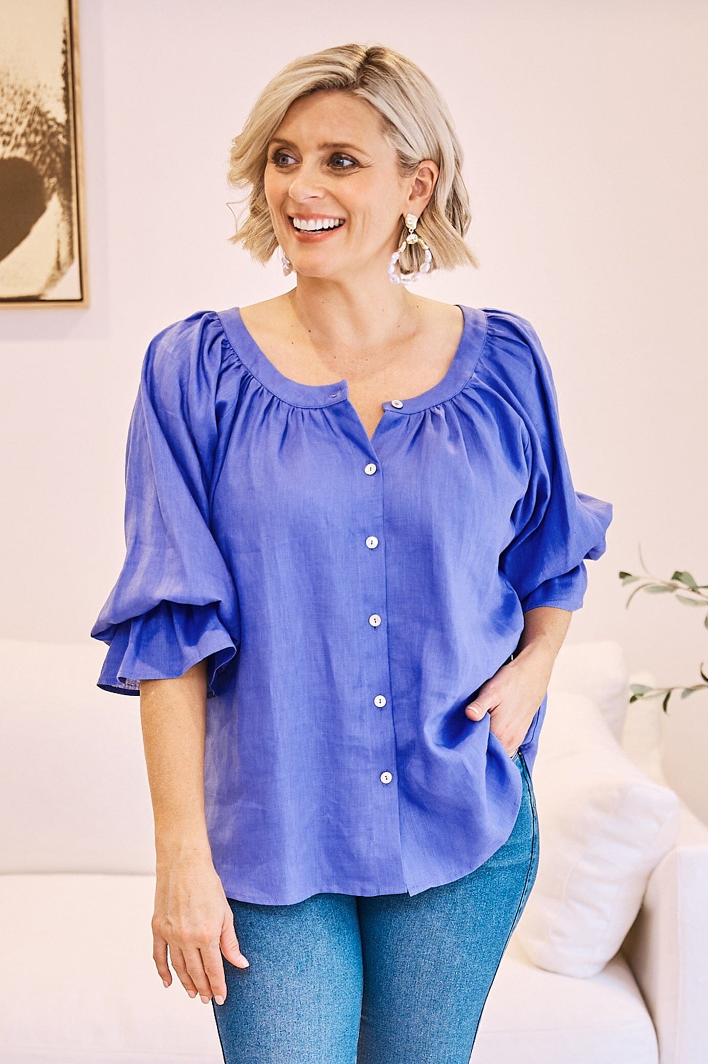 Sandra Pure Linen Top Indigo Carolina