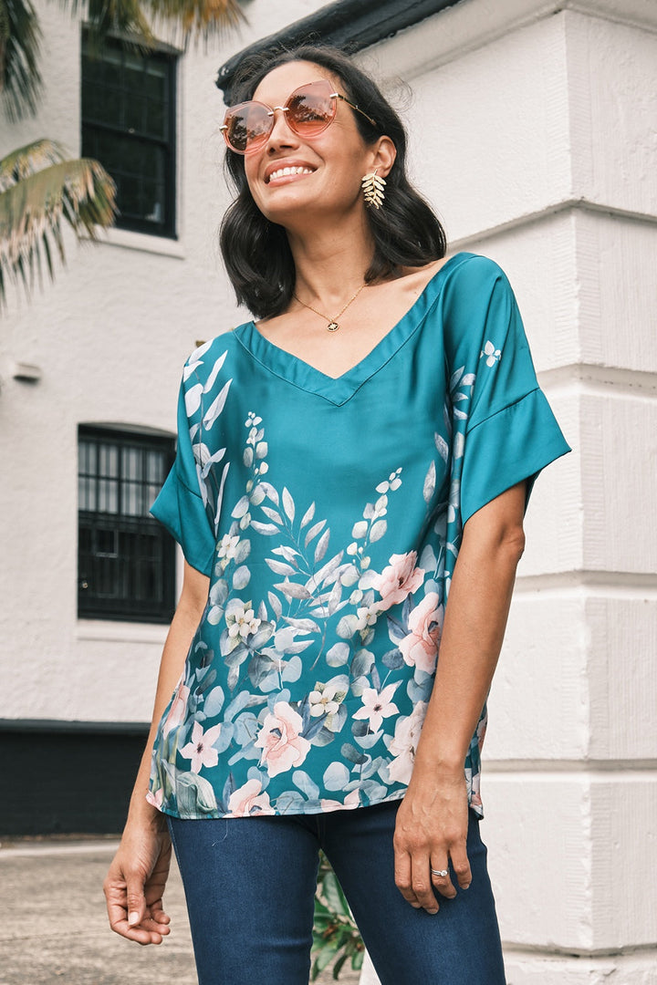 Rosalind Short Sleeve Top with V Neck Emerald Tops