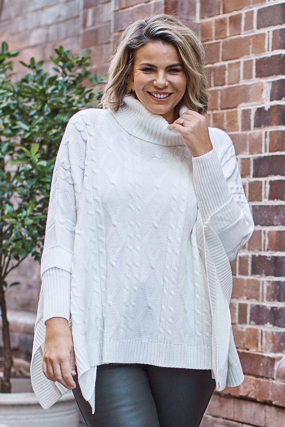 cable knit white poncho