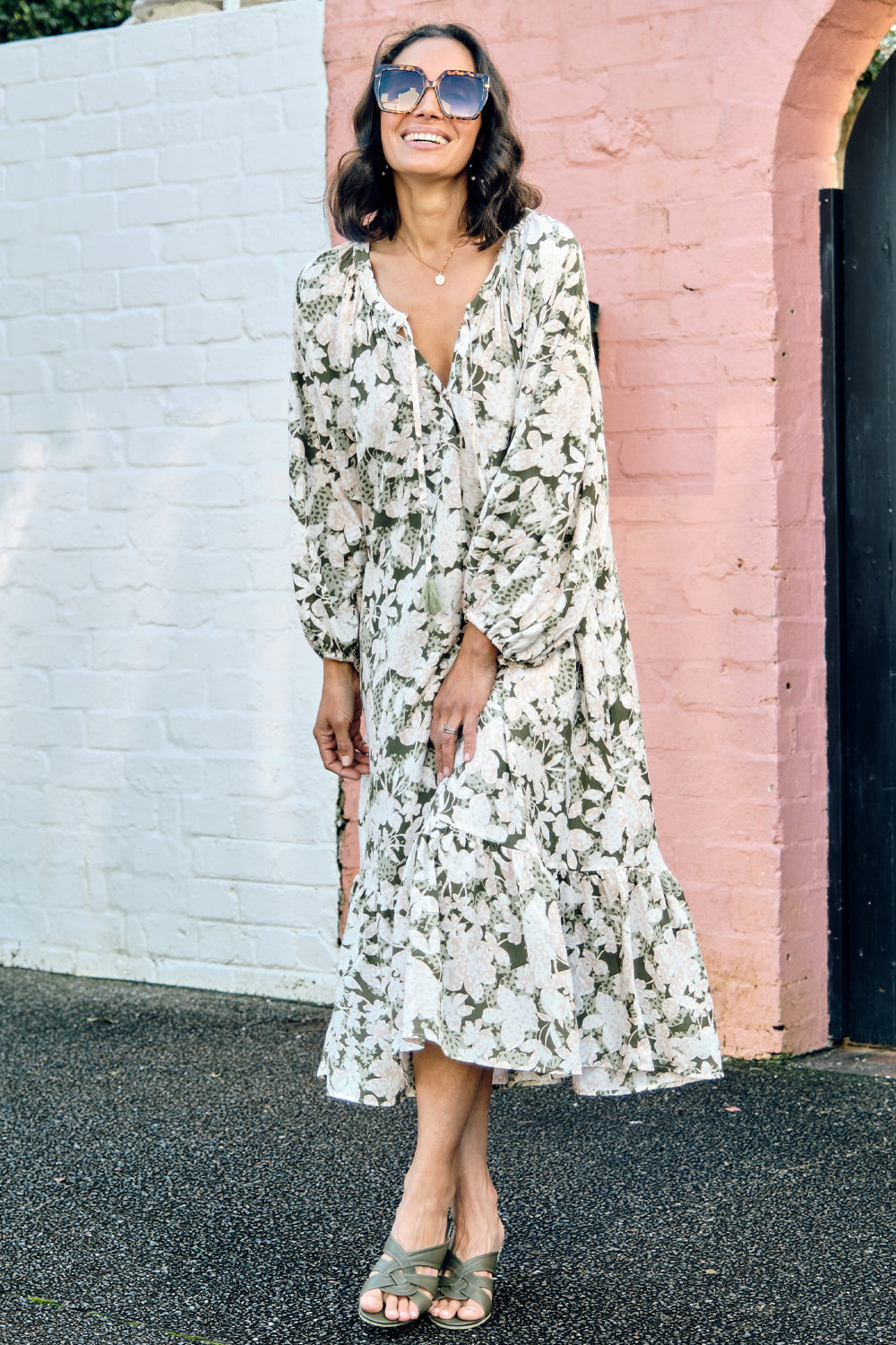 Shannon Floral Long Sleeve Dress Olive- Pre Order Dress