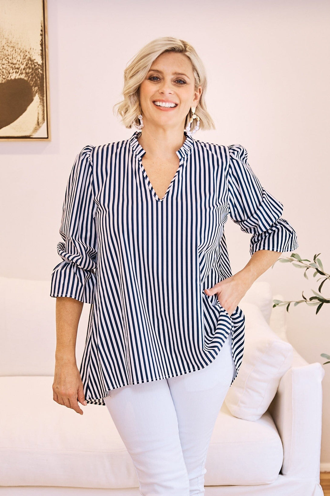 Alessandra Short Sleeve Striped Top Navy Tops