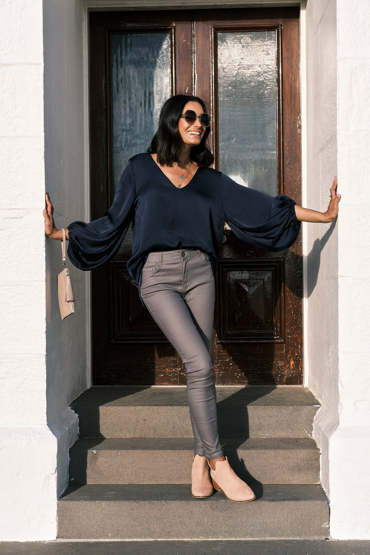 Sovana V-Neck Long Sleeve Top Navy Tops