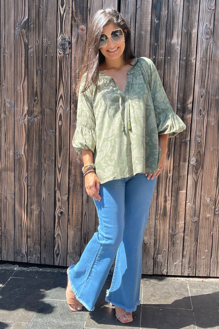 Paisley Long Sleeve Top Olive Tops