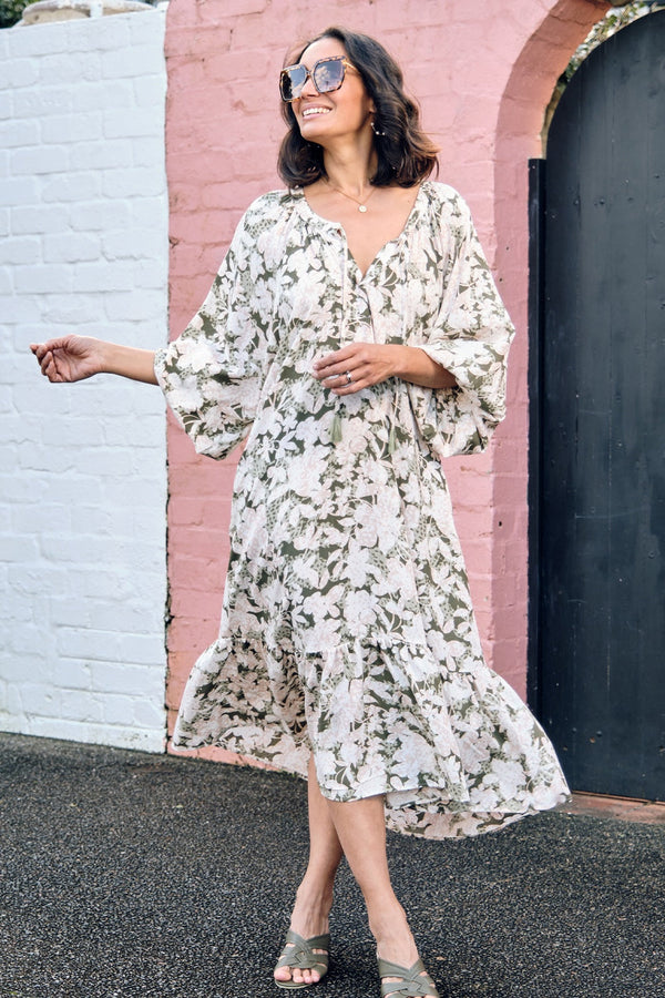 Shannon Floral Long Sleeve Dress Olive- Pre Order Dress