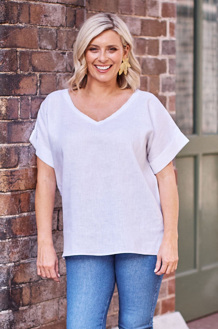 Jessica Pure Linen V-Neck Top White Tops