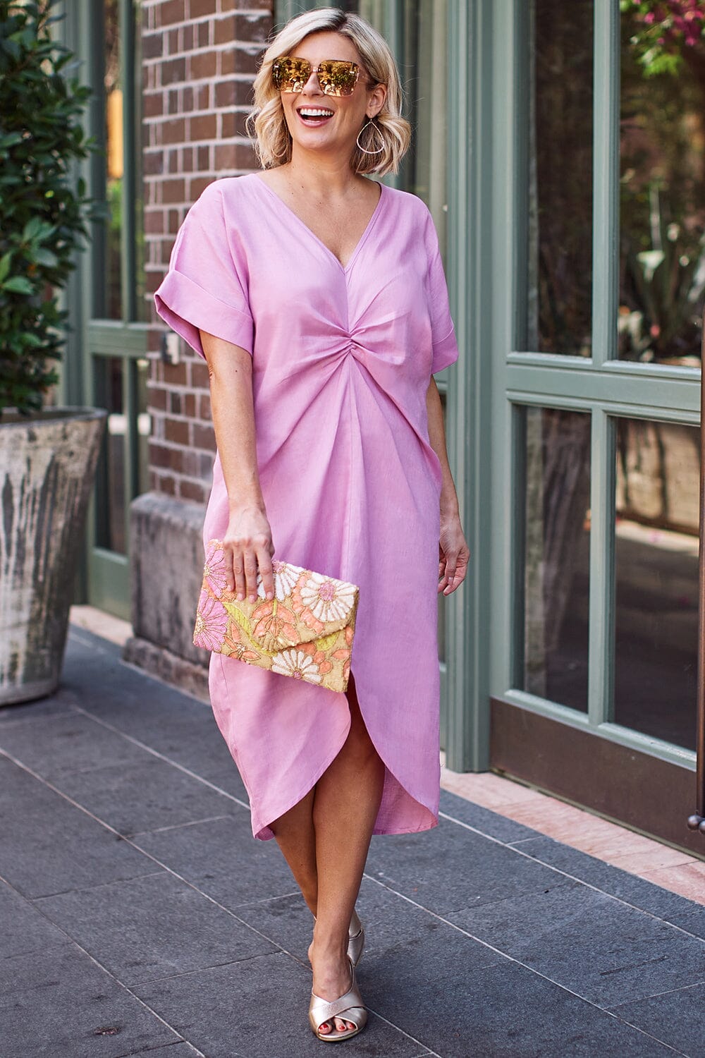 Saria Cuffed Short Sleeve Linen Dress Pink Dress