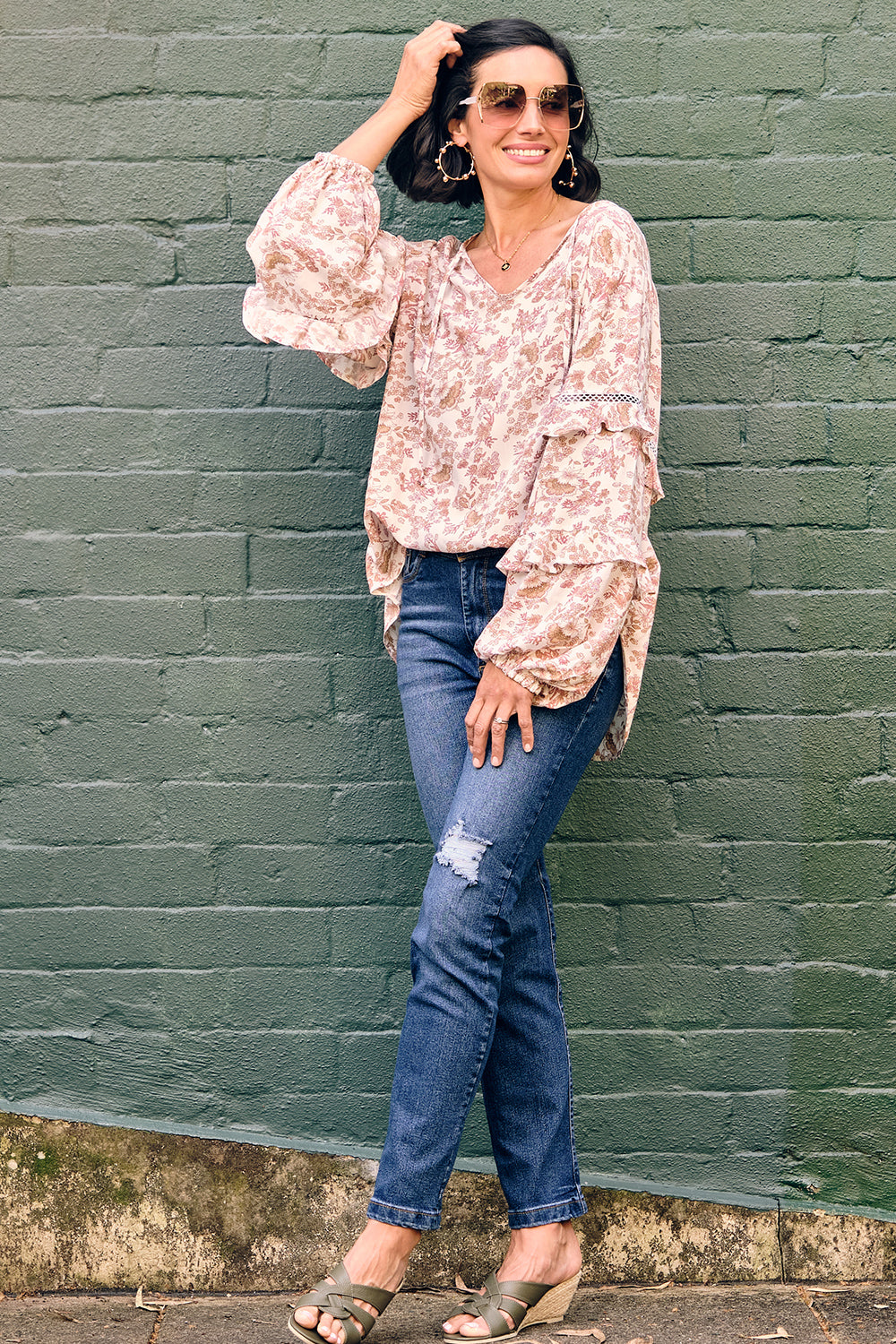 Floral Ruffle Sleeve Top