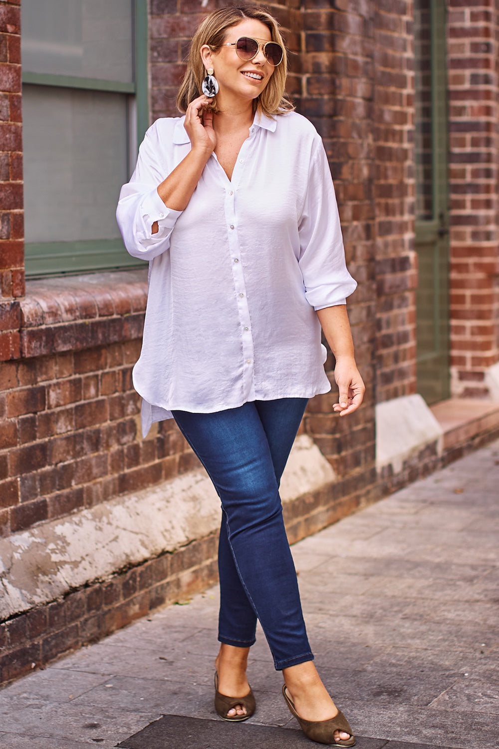 Briella Long Sleeve Collared Shirt in White Tops
