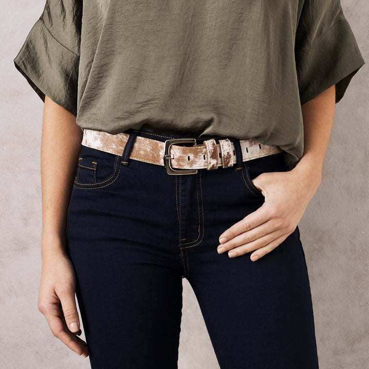 Jeans Belt Tan & White Cowhide Leather