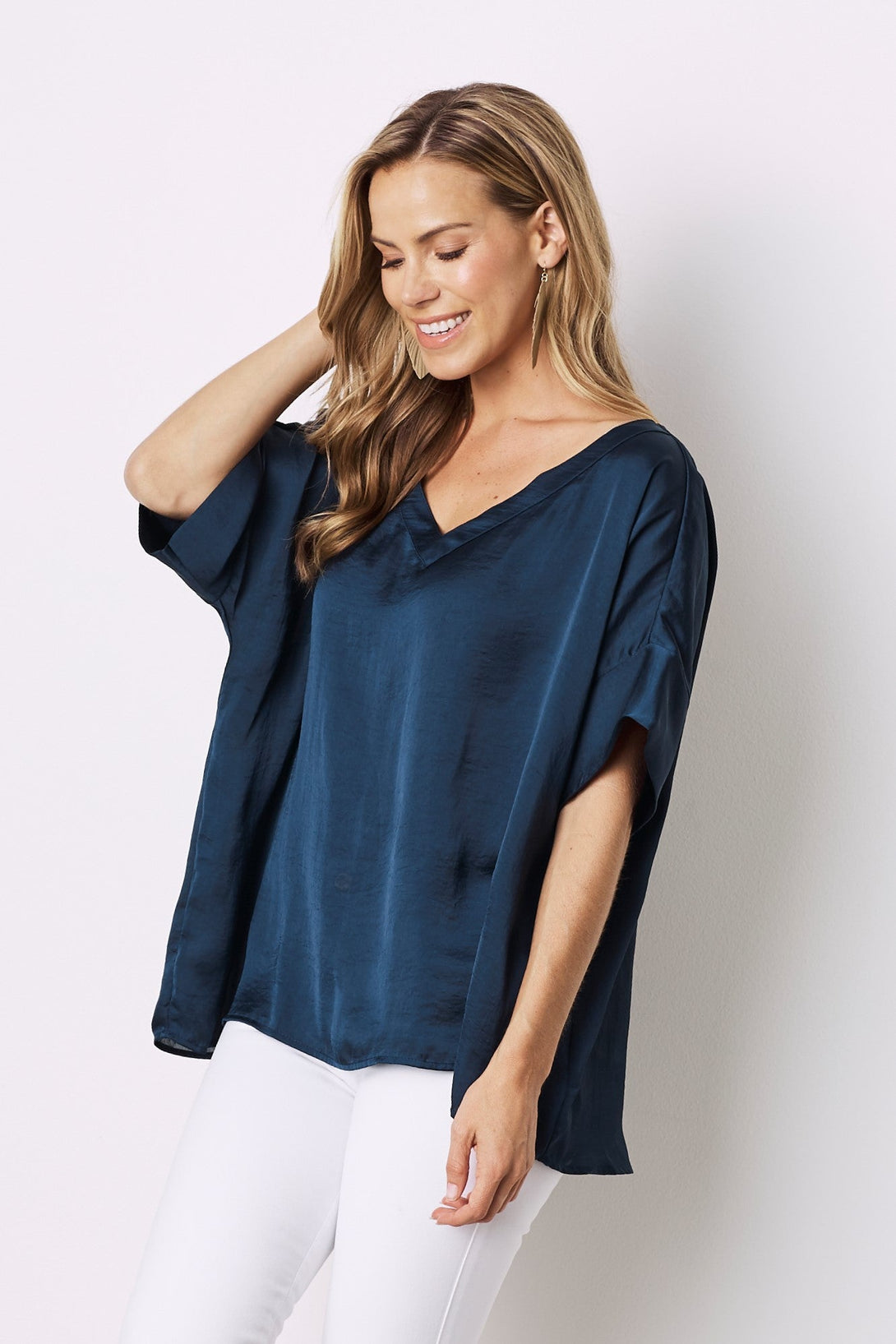 Bianca Short Sleeve Top Navy with V Neck Tops