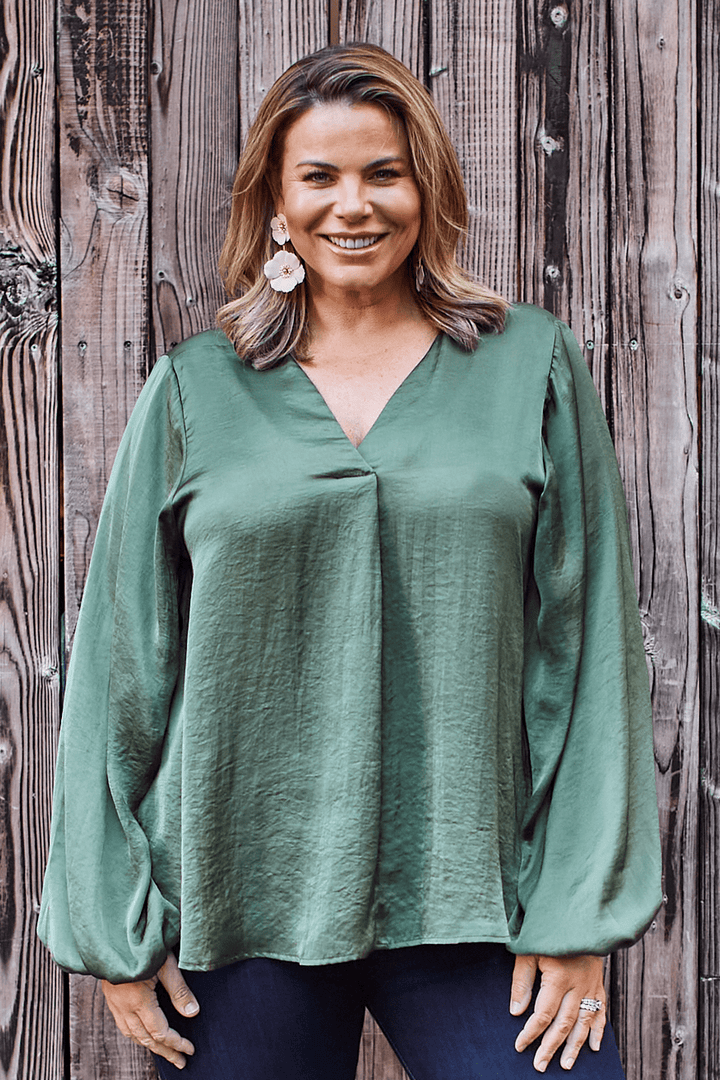 Charlotte V-Neck Long Sleeve Top Olive Tops