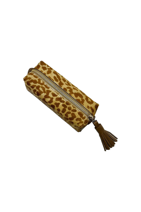 Make up Bag Tan Leopard Cowhide Leather