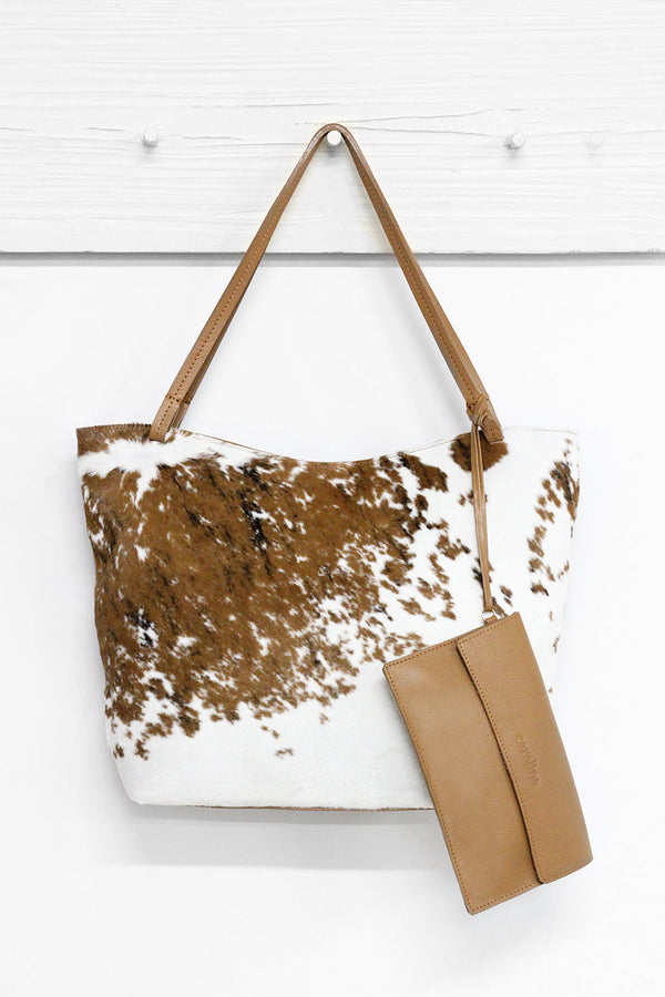 Nora Leather Handbag Tan and White Cowhide Leather