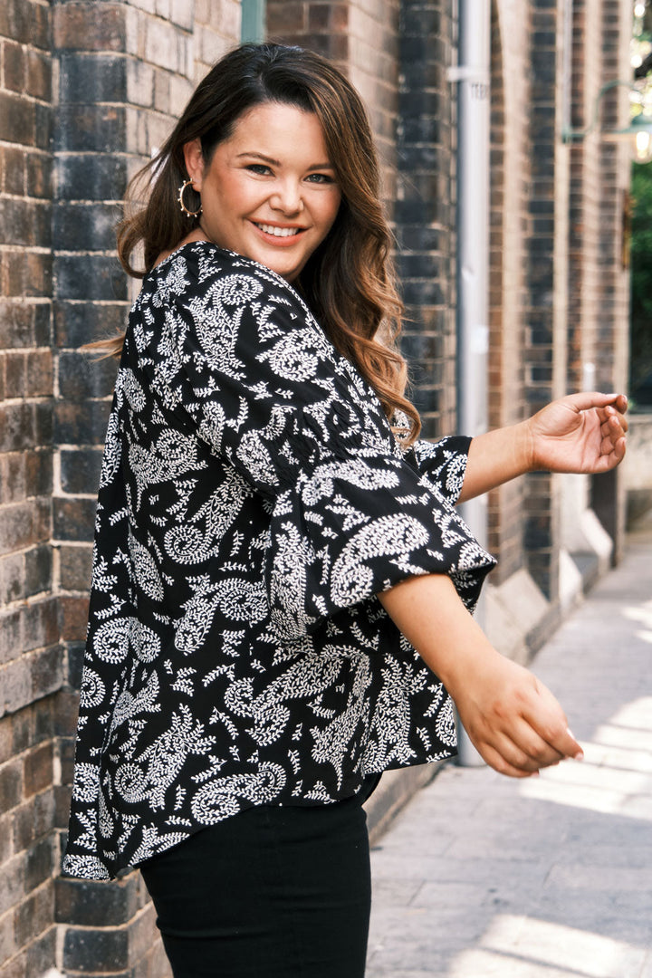 Paisley Long Sleeve Top Black Tops